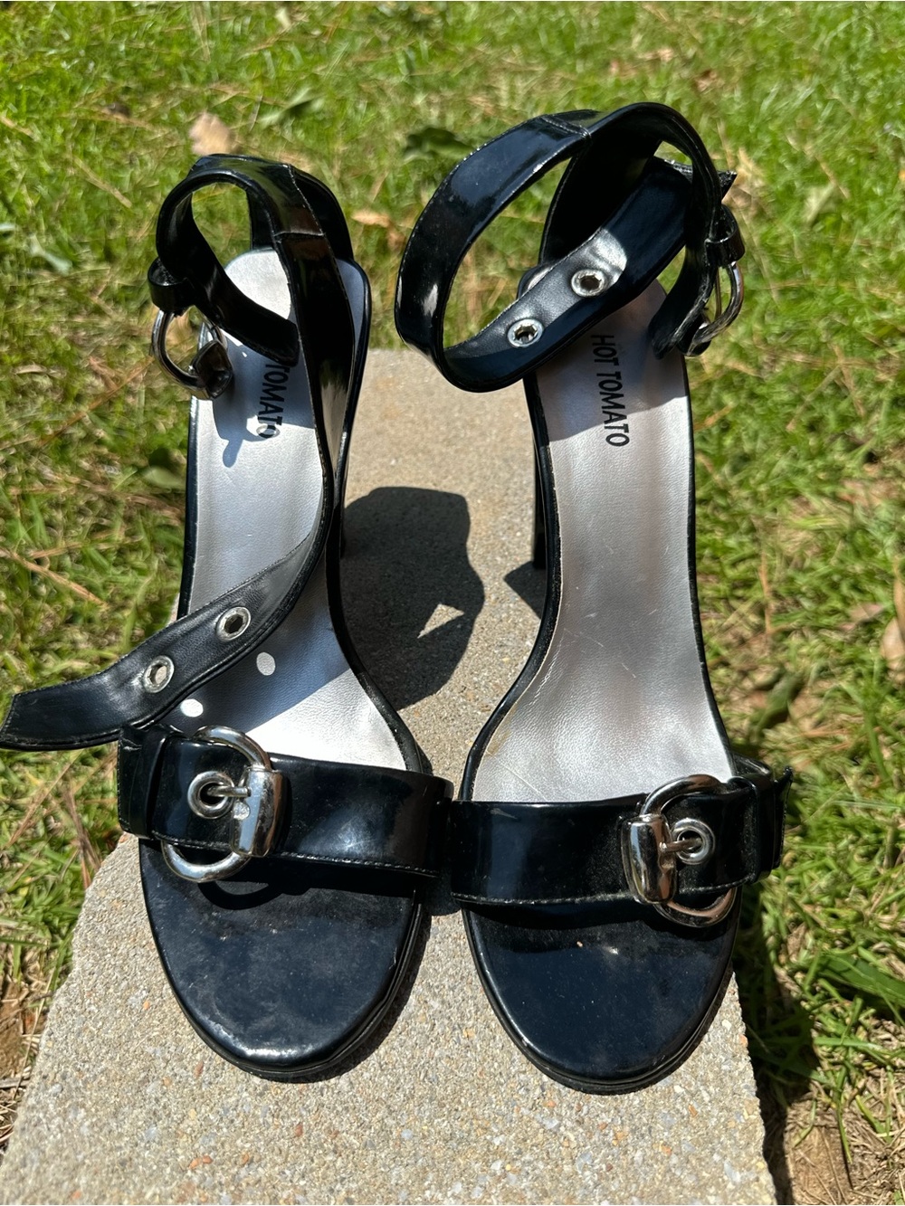 Hot Tomato Black Patent Ankle-Strap Heels with Silver Buckles